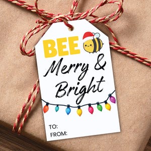 以下が含まれることがあります： 「BEE Merry & Bright」の文字とサンタ帽をかぶった漫画のミツバチ、カラフルなクリスマスライトが描かれた白いギフトタグ。赤いと白の紐で茶色の紙のパッケージに結ばれています。