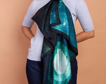 Silk Twill Scarf, Pangolin Original Design, Blue Green Hues, Made In Italy, Donation Made to Support Pangolins