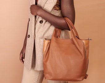 Leather Tote Bag, Camel Brown, Two-Toned Shoulder Bag, Crossbody Bag, Expandable, "Maya" Bag