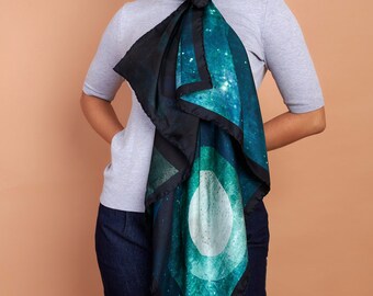 Silk Twill Scarf, Pangolin Original Design, Blue Green Hues, Made In Italy, Donation Made to Support Pangolins