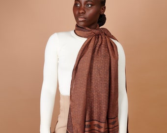 Jacquard Scarf, Silk Wool Blend, Burnt Orange, Original Design, Rust Shawl, Winter Scarf, Made In Italy