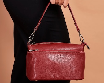 Bordeaux Leather Shoulder Bag, Small Crossbody Bag, Three Compartments, Made In Italy, Genuine Leather, "Fifi" Bag