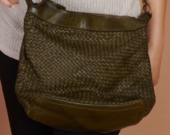 Dark Olive Leather Bag, Hand Woven, Made In Italy, Genuine Leather, Hobo Bag, Crossbody Bag, Green Leather Bag, Shoulder Bag, "Michelle" Bag