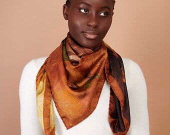 Silk Twill Scarf, Elephant Original Design, Rust Orange Earthtones, Made In Italy, Portion Of Sale Donated To Elephant Org