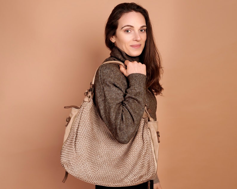 Beige Leather Bag, Hand Woven, Made In Italy, Genuine Leather, Hobo Bag, Crossbody Bag, Beige Leather Bag, Shoulder Bag image 1