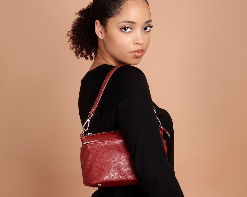 Bordeaux Leather Shoulder Bag, Small Crossbody Bag, Three Compartments, Made In Italy, Genuine Leather, Fifi Bag image 3