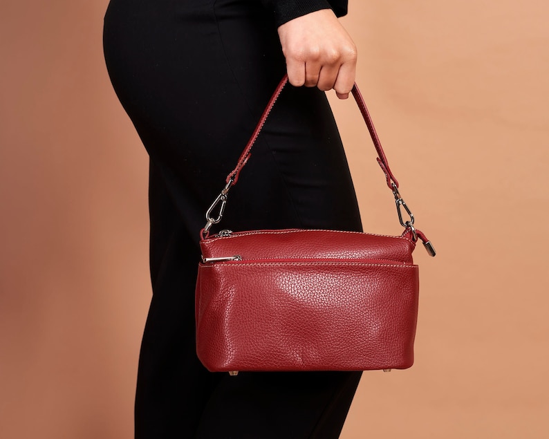 Bordeaux Leather Shoulder Bag, Small Crossbody Bag, Three Compartments, Made In Italy, Genuine Leather, Fifi Bag image 1