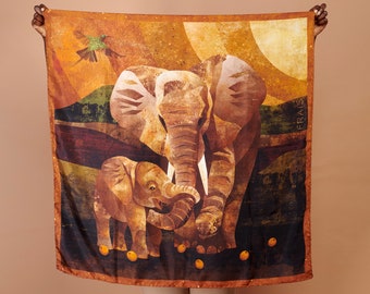 Silk Twill Scarf, Elephant Original Design, Rust Orange Earthtones, Made In Italy, Portion Of Sale Donated To Elephant Org