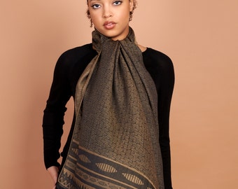 Beige Jacquard Scarf, Silk Wool Blend, Original Design, Shawl, Winter Scarf, Made In Italy