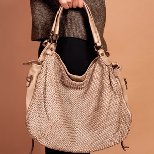 Beige Leather Bag, Hand Woven, Made In Italy, Genuine Leather, Hobo Bag, Crossbody Bag, Beige Leather Bag, Shoulder Bag image 2