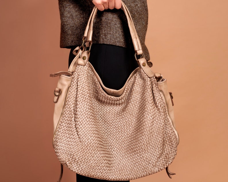 Beige Leather Bag, Hand Woven, Made In Italy, Genuine Leather, Hobo Bag, Crossbody Bag, Beige Leather Bag, Shoulder Bag image 2