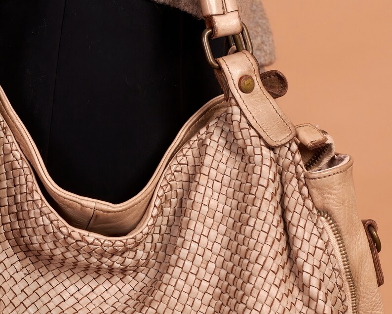 Beige Leather Bag, Hand Woven, Made In Italy, Genuine Leather, Hobo Bag, Crossbody Bag, Beige Leather Bag, Shoulder Bag image 5