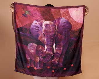 Silk Twill Scarf, Elephant Original Design, Berry, Bordeaux, Plum Hues, Portion Of Sale Donated To Elephant Org