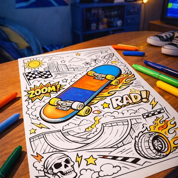 Skateboard Coloring Page Printable | Extreme Skateboarding Art | Fun Action Coloring Sheet for Kids