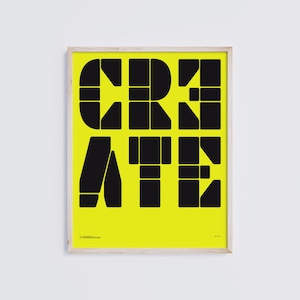 Affiche typographique CREATE | Décoration murale moderne jaune | Téléchargement numérique imprimable