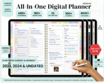 May include: An all-in-one digital planner displayed on a tablet screen, featuring 480+ planners, 160+ templates, 10 notebooks, 100+ covers, and 8000+ stickers. The interface includes daily and weekly layouts, 2023, 2024, and undated options.