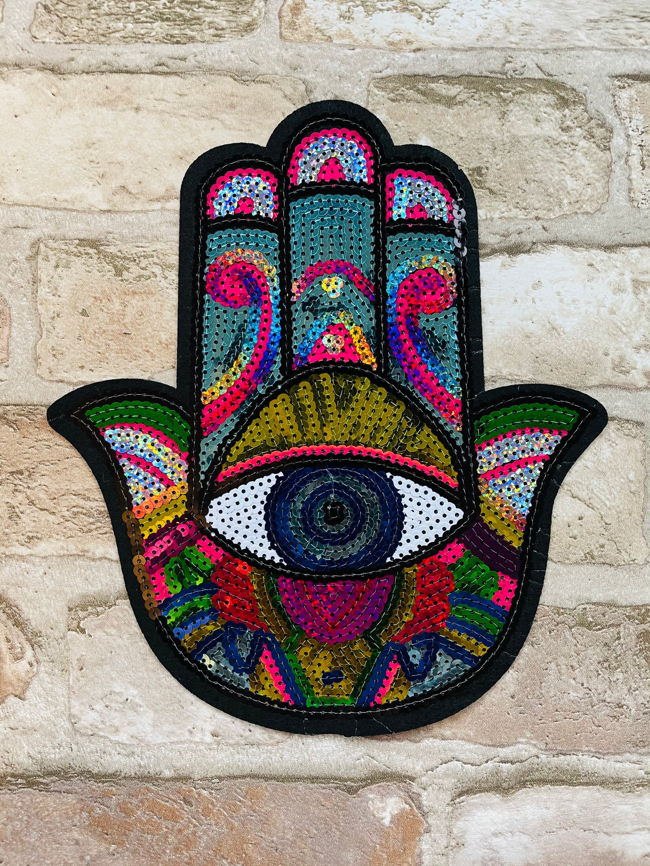 Xl hand of fatima  hamsa sequin iron on patch  etsy Xl hand of fatima  hamsa sequin iron on patch  etsy