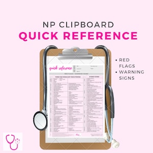 May include: A clipboard with a checklist titled "Quick Reference" for red flags and warning signs. The clipboard is held by a black stethoscope. The text "NP CLIPBOARD QUICK REFERENCE" is at the top of the image.