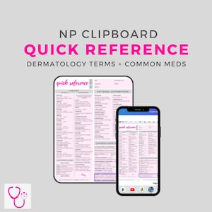 May include: A pink and white digital quick reference guide for dermatology terms and common medications. The guide is displayed on a tablet and a smartphone.