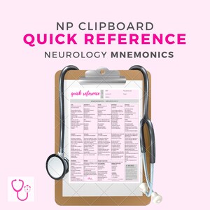 May include: A brown clipboard with a white sheet of paper that says "quick reference" and has a grid of information about mnemonics and neurology. A black stethoscope is wrapped around the clipboard.