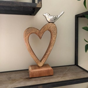 Heart Made Of Mango Wood With A Metal Bird Sitting On The Top, Ornament, Sculpture, Love