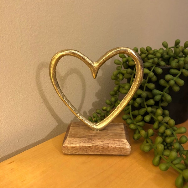 Simple Small Gold Heart On A Rustic Wooden Base Ornament, Gift, Wedding, Anniversary, Valentine's Day