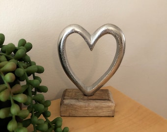 Simple Silver Heart On A Rustic Wooden Base Ornament, Gift, Wedding, Anniversary, Silver Wedding, Valentine's Day