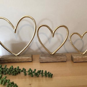 Simple Gold Hearts On A Rustic Wooden Base Ornament, Gift, Wedding, Anniversary, Valentine's Day - Available In Three Sizes