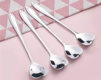 4 x Heart Shape Teaspoons, Dessert, Coffee Spoons, Tableware, Valentine's Day, Wedding, Silver Anniversary, Mother's Day