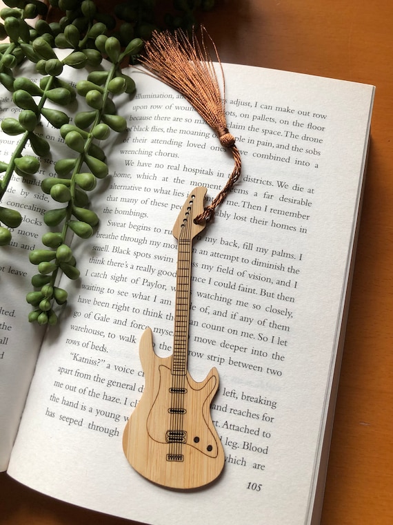 Bamboo Guitar Shape Bookmark, Page Marker, Book, Wood, Tassel