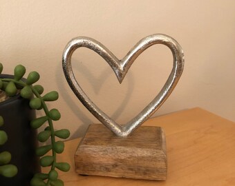 Simple Silver Heart On A Rustic Wooden Base Ornament, Gift, Wedding, Anniversary, Silver Wedding, Valentine's Day