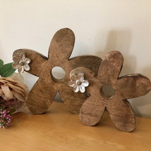 Mango Wood Flower Sculpture: Metal Accent, Rustic Ornament
