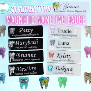 Custom 3D Glitter Tooth Badge – Personalized Dental Name Tag for Hygienist, RDH, Dental Assistant, Clinic Gift, Ortho, Dentist