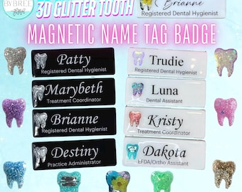 Etichetta magnetica con nome per denti glitterati 3D: distintivo dentistico personalizzato
