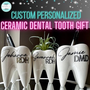 Dental Office Hygienist Dentist Assistant Graduate Gift Idea-Ceramic Tooth Planter-Pen Holder-Custom Personalized Desk Decor Molar Vase