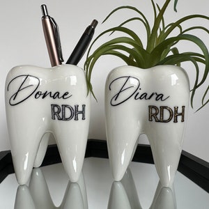 Dental Office Hygienist Dentist Assistant Graduate Gift Idea-Ceramic Tooth Planter-Pen Holder-Custom Personalized Desk Decor Molar Vase
