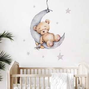 Sleeping Teddy Bear Bunny Nursery Animal Wall Decal | Bear Nursery Sticker | Bunny Wall Sticker Decal | Kids Room Nursery Wall Decal