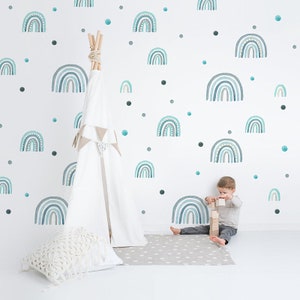 Calcomanía de pared con arcoíris azul polvoriento bohemio con puntos / Calcomanía de pared con arcoíris neutros para guardería / Calcomanía de pared con arcoíris en color agua / Calcomanía de pared con arcoíris
