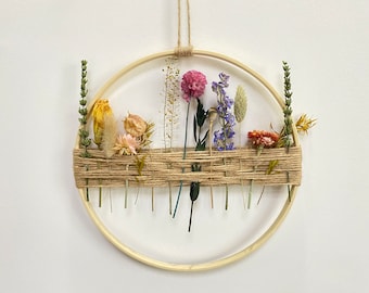Dried floral wall hanging,Flower garland ,Wood weaving flower wall art,Boho vintage floral wall home decor