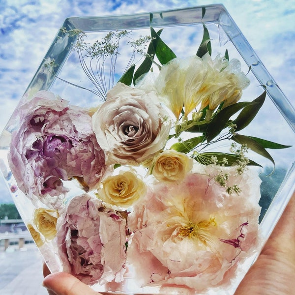 10" Wedding Bouquet Preservation, Hexagon Preserved Flower Block, Resin *Custom*