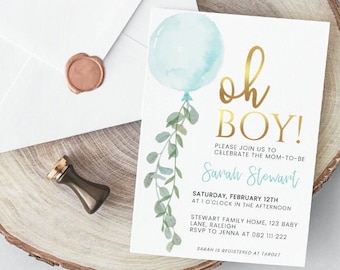 Oh Boy Baby Shower Invitation, Eucalyptus Baby Shower Invitation, Boy Baby Shower, Balloon Baby Shower, Editable Baby Shower Invitation