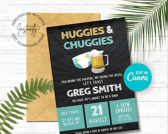 Invitación para fiesta de pañales Huggies & Chuggies, Baby Shower con temática de cerveza (Plantilla editable de Canva)