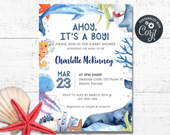 Under The Sea Baby Shower Invitation, Nautical Baby Shower, Ocean & Sea Baby Shower Invite, Template, Boy Baby Shower, Whale Baby Shower