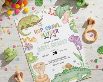 May include: A reptile-themed birthday party invitation with the text "Hop, Crawl, Slither and Play." The invitation features illustrations of various reptiles, including snakes, lizards, and a crocodile. Colorful candies and toy reptiles surround the invitation.
