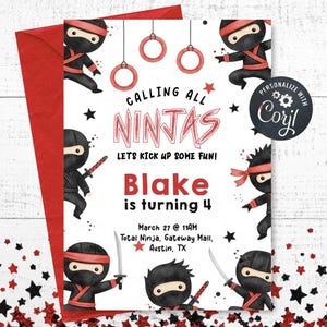 May include: A red envelope containing a ninja-themed birthday party invitation. The invitation features cartoon ninja illustrations, the text "Calling All Ninjas," and party details. The invitation is for Blake's 4th birthday.