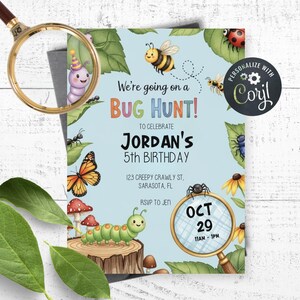 May include: A light blue birthday invitation with the text "We're going on a Bug Hunt!" and "Jordan's 5th Birthday." The invitation features illustrations of insects, a magnifying glass, and the date October 29.
