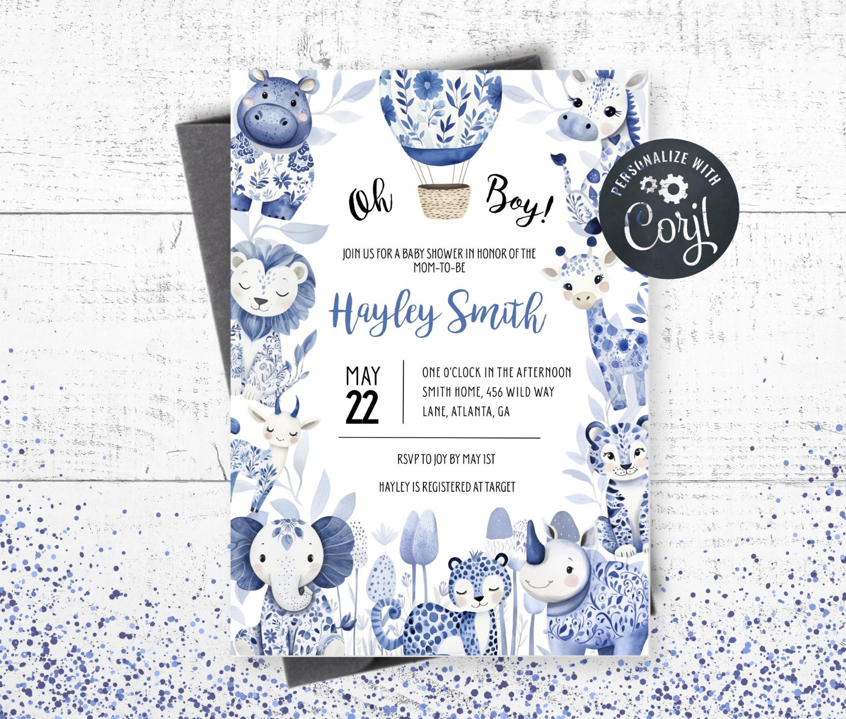 Blue Toile De Jouy Baby Shower Invitation | Chinoiserie Hot Air Balloon | Vintage Safari Baby Shower | Boy Baby Shower Invite