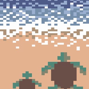 Peut inclure: Illustration pixélisée d'une scène de plage avec deux tortues sur le sable. Les tortues sont marron et sarcelle, avec un océan pixélisé bleu et blanc en arrière-plan. Le sable est beige.