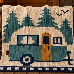 Könnte beinhalten: Eine gestrickte Decke mit cremefarbenem Hintergrund und einem grafischen Design eines türkisfarbenen und blauen Vintage-Wohnwagens. Die Szene zeigt dunkel-türkisfarbene Tannenbäume im Hintergrund und zwei kleine schwarze Vögel in der oberen rechten Ecke.