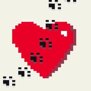 Puede incluir: Ilustración digital de un corazón rojo pixelado con huellas de patas negras sobre un fondo crema. El diseño sugiere un tema de mascotas, con un estilo gráfico sencillo. El corazón es el elemento central.
